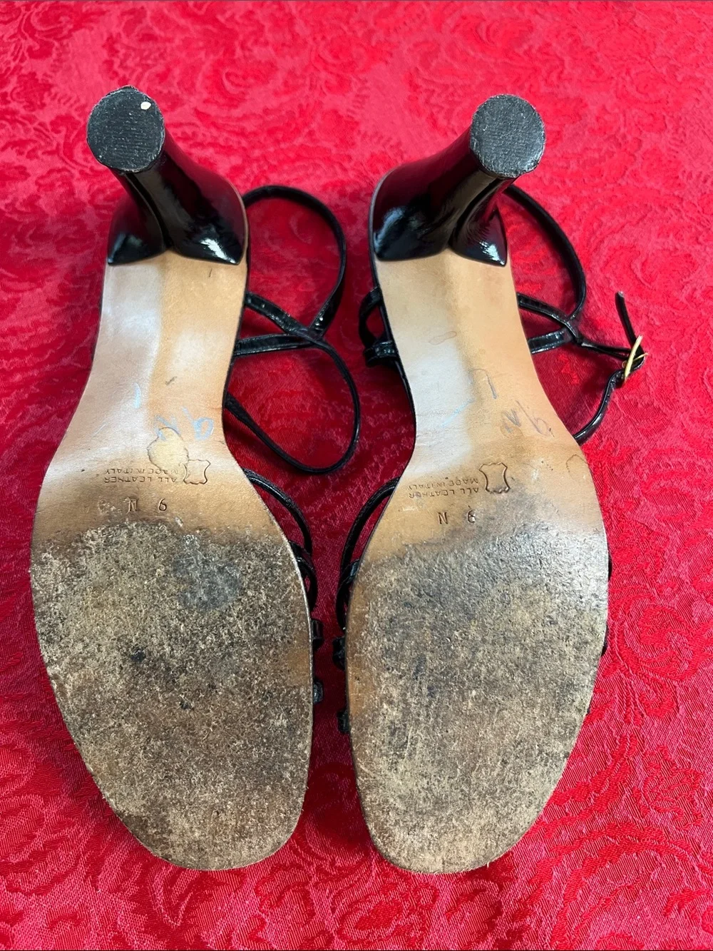 Amalfi by Rangoni Black Leather Strappy Heels Women 9N Italy Sandals